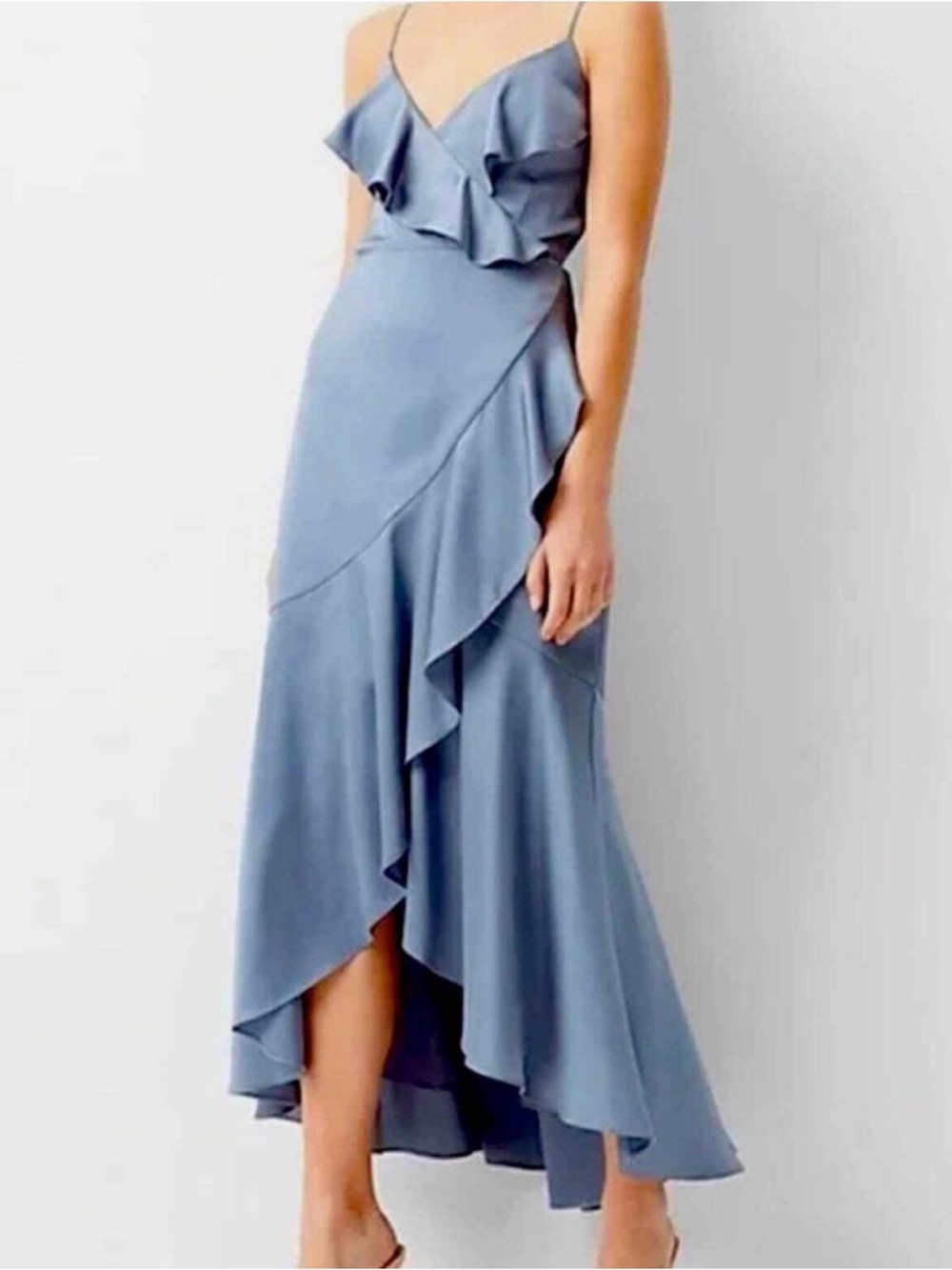 Express Satin Ruffle Wrap Hi-Lo Maxi Dress